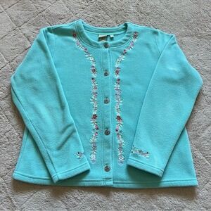 Vintage L.L. Bean‎ Polartec Fleece Embroidered Floral Cardigan Women's Size L